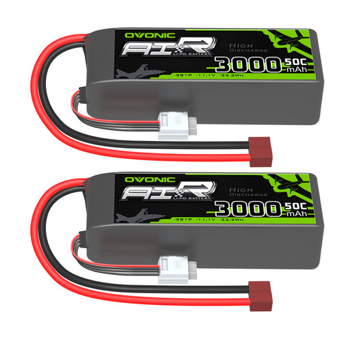 2×Ovonic 3000mAh 3S 50C Lipo Battery 11.1V Long with T Plug for RC Aircraft