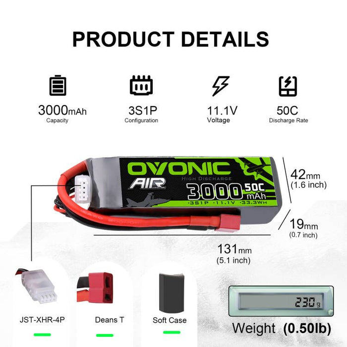 2×Ovonic 3000mAh 3S 50C Lipo Battery 11.1V Long with T Plug for RC Aircraft