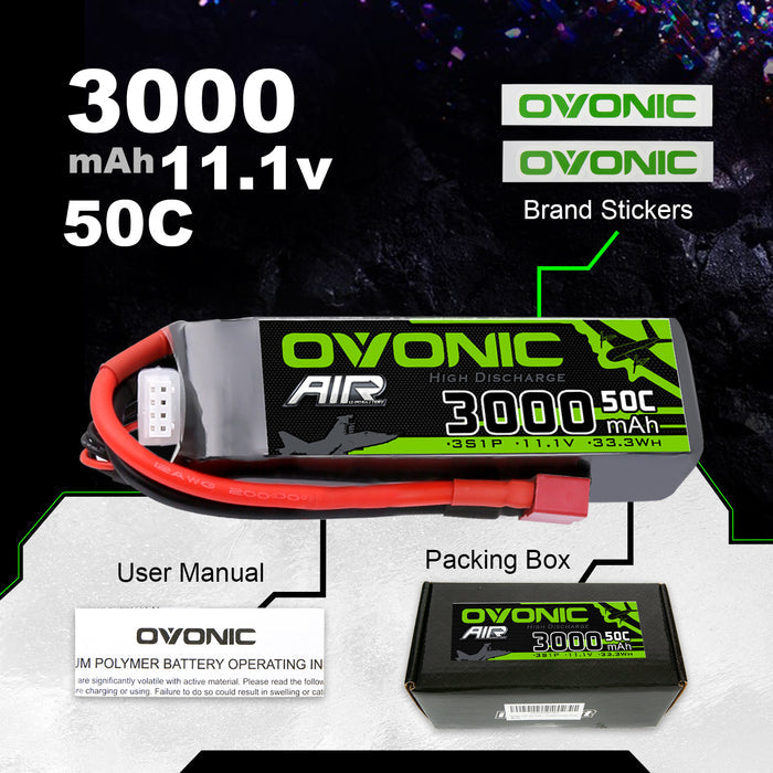 2×Ovonic 3000mAh 3S 50C Lipo Battery 11.1V Long with T Plug for RC Aircraft
