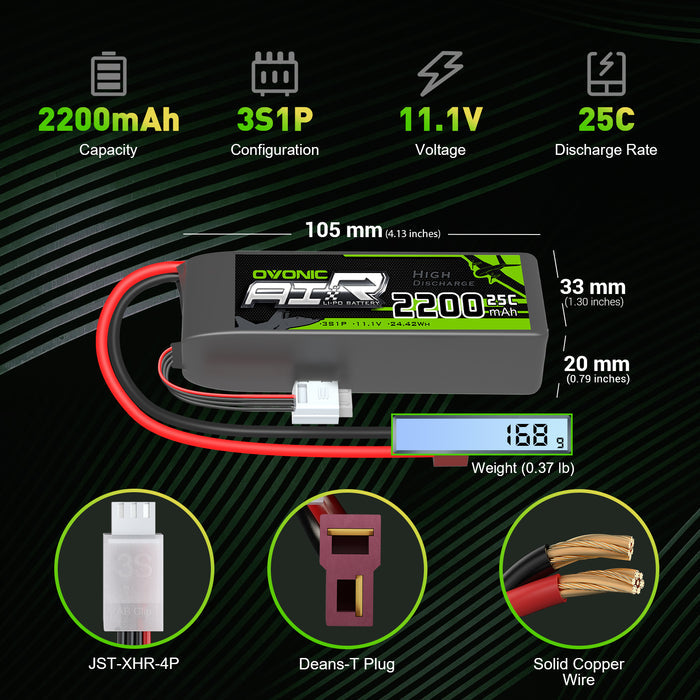 2×OVONIC 3S Lipo Battery 2200mAh 25C 11.1V with Deans Plug for RC Airplane Glider Park Flyer FT012 RC Boat