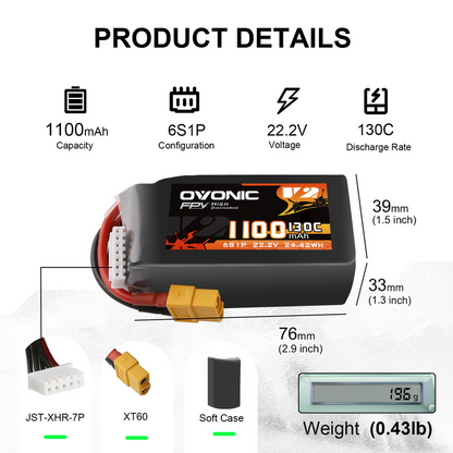 2×Ovonic 6S Lipo Battery 1100mAh 6S1P 130C 22.2V FPV LiPo Battery with XT60 Plug for FPV Racing Freestyle Cinewhoop Toothpick Long Range Drone