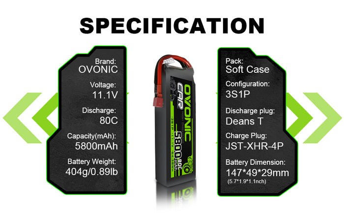 2×Ovonic 80C 3S 5800mAh 11.1V LiPo Battery for 1/10 TRA Losi Car with Deans Plug