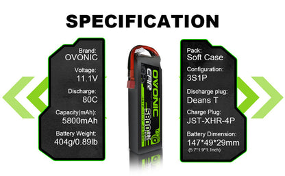 2×Ovonic 80C 3S 5800mAh 11.1V LiPo Battery for 1/10 TRA Losi Car with Deans Plug