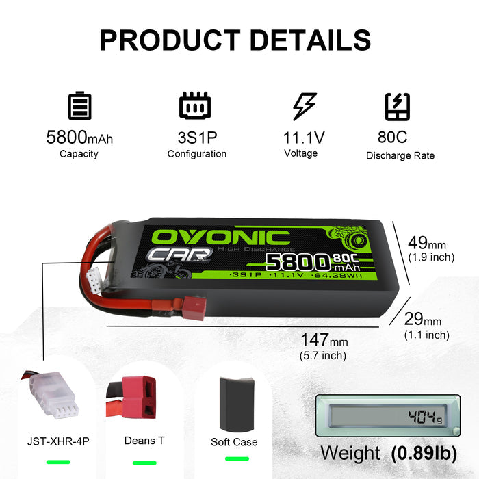 2×Ovonic 80C 3S 5800mAh 11.1V LiPo Battery for 1/10 TRA Losi Car with Deans Plug