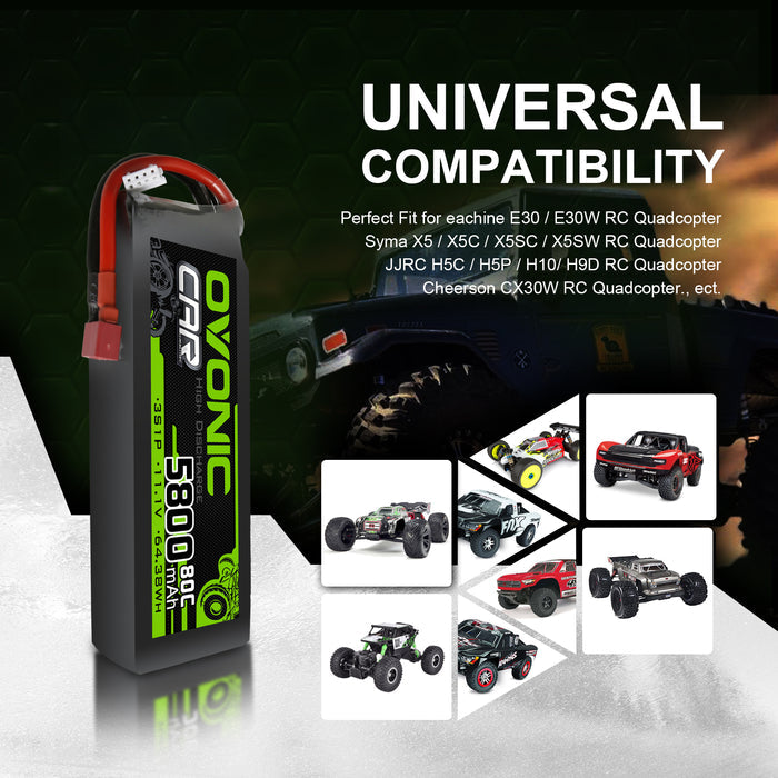 2×Ovonic 80C 3S 5800mAh 11.1V LiPo Battery for 1/10 TRA Losi Car with Deans Plug
