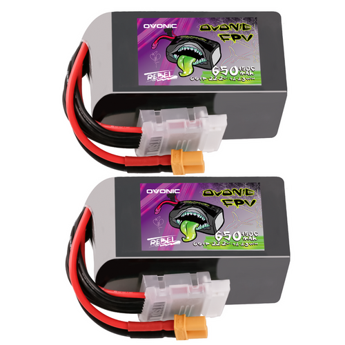 2×Ovonic Rebel 2.0 150C 650mah 6S Lipo Battery 22.2V Pack with XT30 Plug for 2 to 2.5-Inch FPV Multirotor