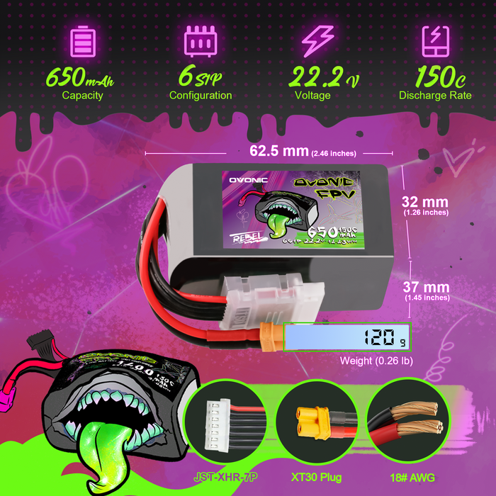 2×Ovonic Rebel 2.0 150C 650mah 6S Lipo Battery 22.2V Pack with XT30 Plug for 2 to 2.5-Inch FPV Multirotor