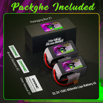2×Ovonic Rebel 2.0 150C 650mah 6S Lipo Battery 22.2V Pack with XT30 Plug for 2 to 2.5-Inch FPV Multirotor