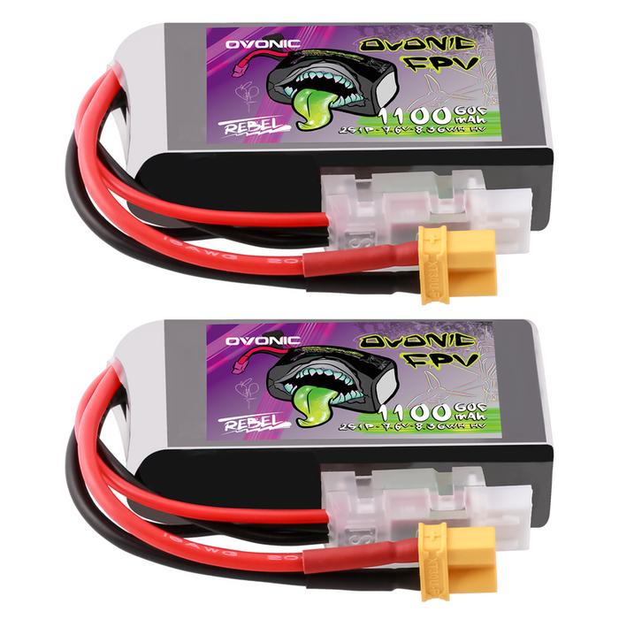 2×Ovonic Rebel 2.0 60C 2S 1100mah Lipo Battery LiHV 7.6V Pack with XT30 Plug for 2S Micro Quads
