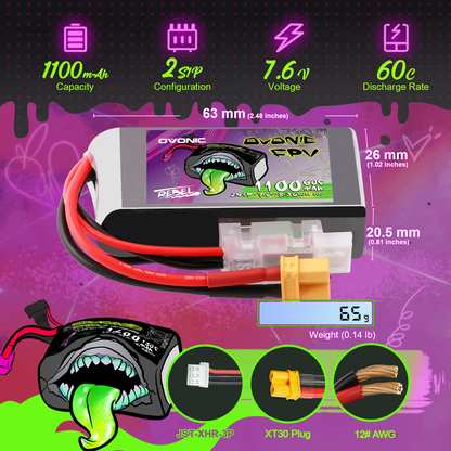 2×Ovonic Rebel 2.0 60C 2S 1100mah Lipo Battery LiHV 7.6V Pack with XT30 Plug for 2S Micro Quads