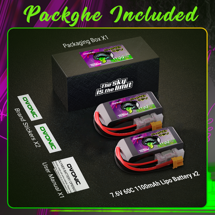 2×Ovonic Rebel 2.0 60C 2S 1100mah Lipo Battery LiHV 7.6V Pack with XT30 Plug for 2S Micro Quads