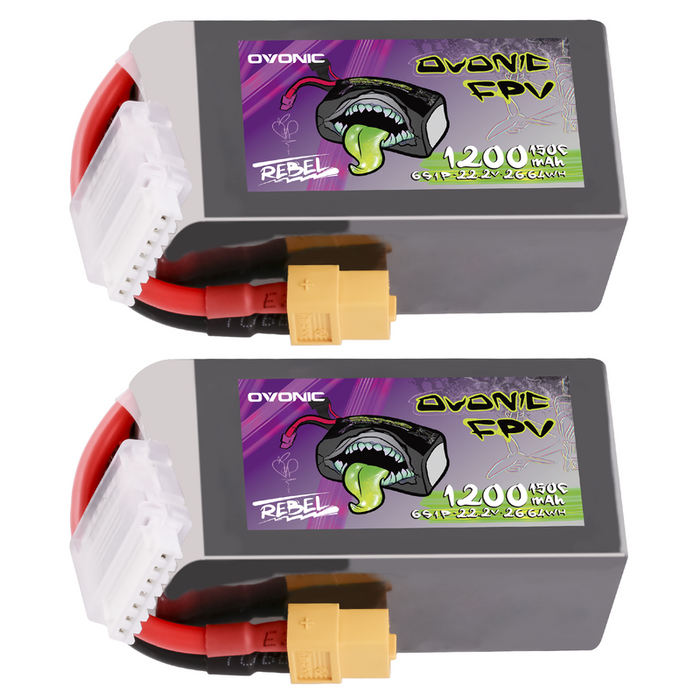 2×Ovonic Rebel 2.0 6S 1200mAh 6S1P 150C 22.2V FPV LiPo Battery with XT60 Plug