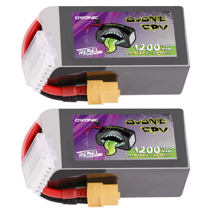 2×Ovonic Rebel 2.0 6S 1200mAh 6S1P 150C 22.2V FPV LiPo Battery with XT60 Plug