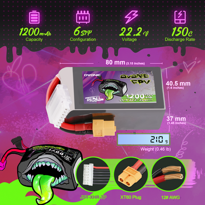 2×Ovonic Rebel 2.0 6S 1200mAh 6S1P 150C 22.2V FPV LiPo Battery with XT60 Plug