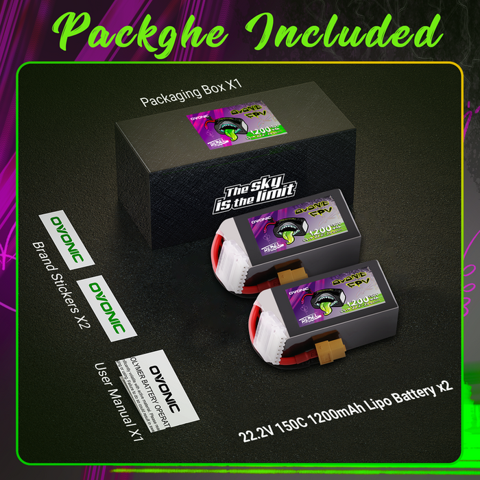 2×Ovonic Rebel 2.0 6S 1200mAh 6S1P 150C 22.2V FPV LiPo Battery with XT60 Plug