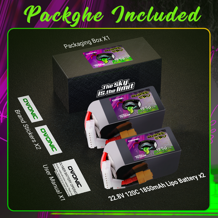 2×Ovonic Rebel 2.0 6S Lipo Battery 1850mah 120C 22.2V FPV Lipo Battery Pack with XT60 Plug