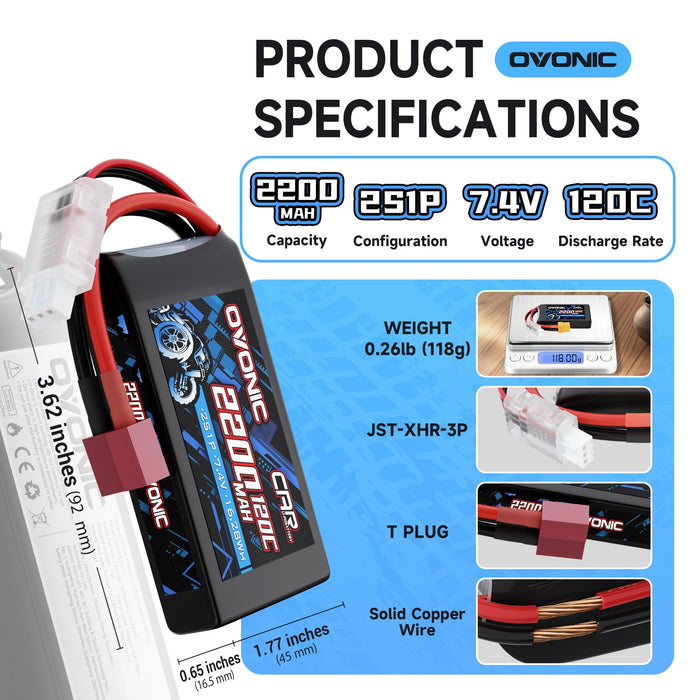2Pack Ovonic 7.4V 120C 2S 2200mAh LiPo Battery Pack with T-TRA Plug for Traxxas 1/16 Scale Vehicles and Mini RC Models