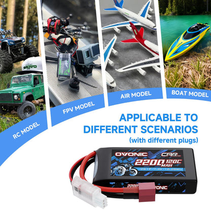 2Pack Ovonic 7.4V 120C 2S 2200mAh LiPo Battery Pack with T-TRA Plug for Traxxas 1/16 Scale Vehicles and Mini RC Models