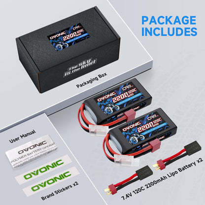 2Pack Ovonic 7.4V 120C 2S 2200mAh LiPo Battery Pack with T-TRA Plug for Traxxas 1/16 Scale Vehicles and Mini RC Models