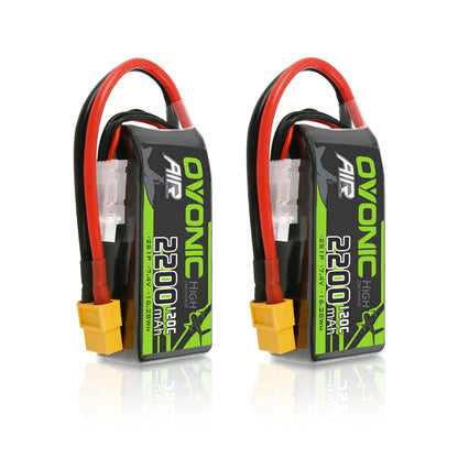 2Pack Ovonic 7.4V 120C 2S 2200mAh LiPo Battery Pack with XT60 Plug for Mini RC Cars, Trucks, and Small Scale Models