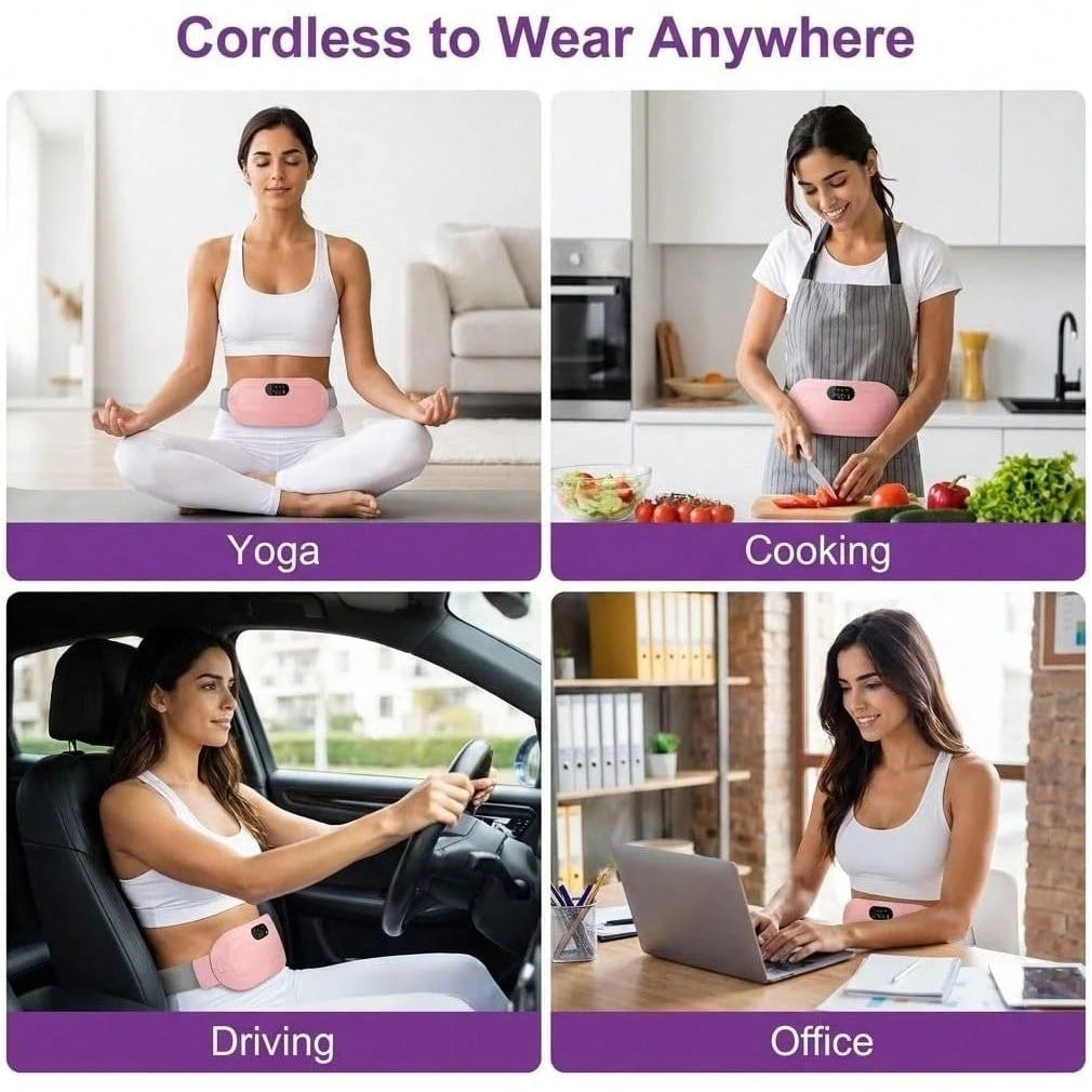 2Pc Pink Menstrual Heating Belt, 4 Massage Modes Cordless Heating Pad, Rechargeable Portable Belly Waist Warmer Women Period Cramps Pain Relief Home Outdoor Use