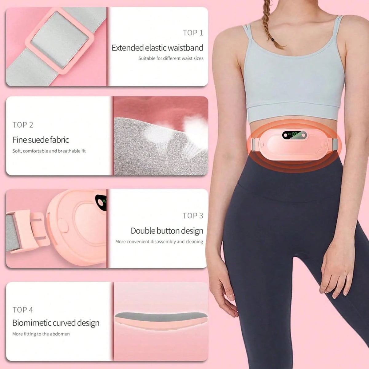 2Pc Pink Menstrual Heating Belt, 4 Massage Modes Cordless Heating Pad, Rechargeable Portable Belly Waist Warmer Women Period Cramps Pain Relief Home Outdoor Use