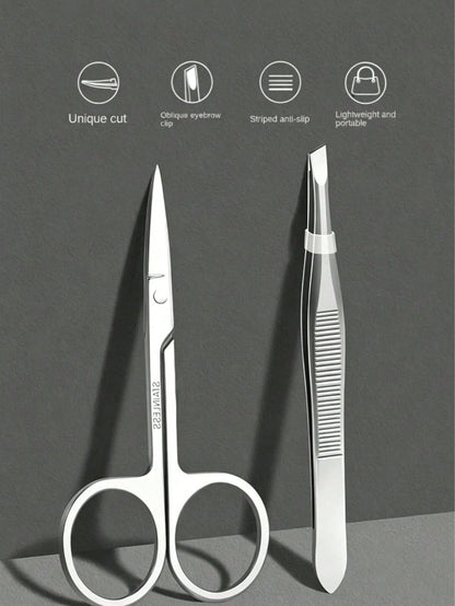 2pcs/1pc Stainless Steel Slanted Eyebrow Tweezers, Eyebrow Scissors, Eyebrow Trimming Scissors Set, For Eyebrow Shaping, Also For Removing Fine Hair, Professional Makeup Beauty Tools, Suitable For Tra