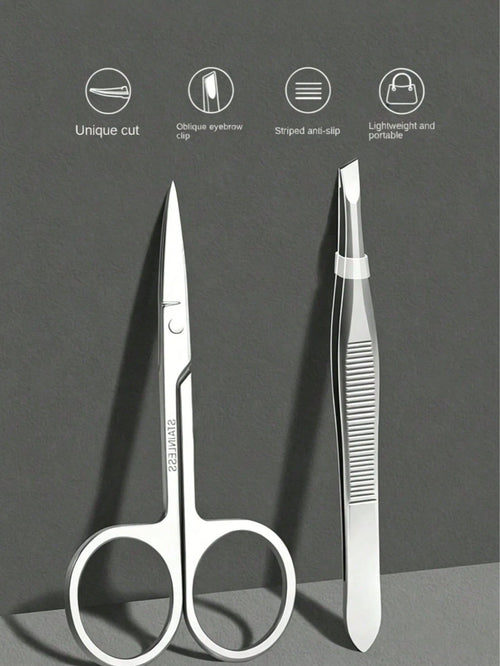 2pcs/1pc Stainless Steel Slanted Eyebrow Tweezers, Eyebrow Scissors, Eyebrow Trimming Scissors Set, For Eyebrow Shaping, Also For Removing Fine Hair, Professional Makeup Beauty Tools, Suitable For Tra