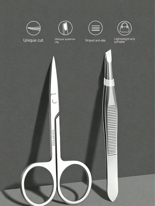 2pcs/1pc Stainless Steel Slanted Eyebrow Tweezers, Eyebrow Scissors, Eyebrow Trimming Scissors Set, For Eyebrow Shaping, Also For Removing Fine Hair, Professional Makeup Beauty Tools, Suitable For Tra