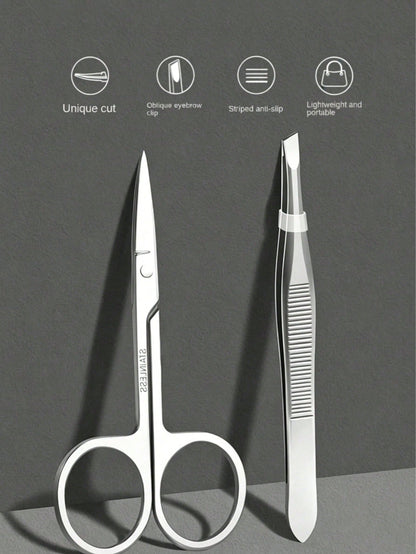 2pcs/1pc Stainless Steel Slanted Eyebrow Tweezers, Eyebrow Scissors, Eyebrow Trimming Scissors Set, For Eyebrow Shaping, Also For Removing Fine Hair, Professional Makeup Beauty Tools, Suitable For Tra