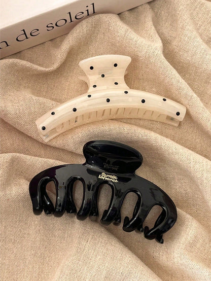 2pcs/1pc Women's White Polka Dot Black Plastic Hair Clips, Fashionable & Practical, Minimalist & Elegant Design. Suitable For Daily, Casual, Party, Commute, Beach, Ponytail, Face Washing, Makeup And O