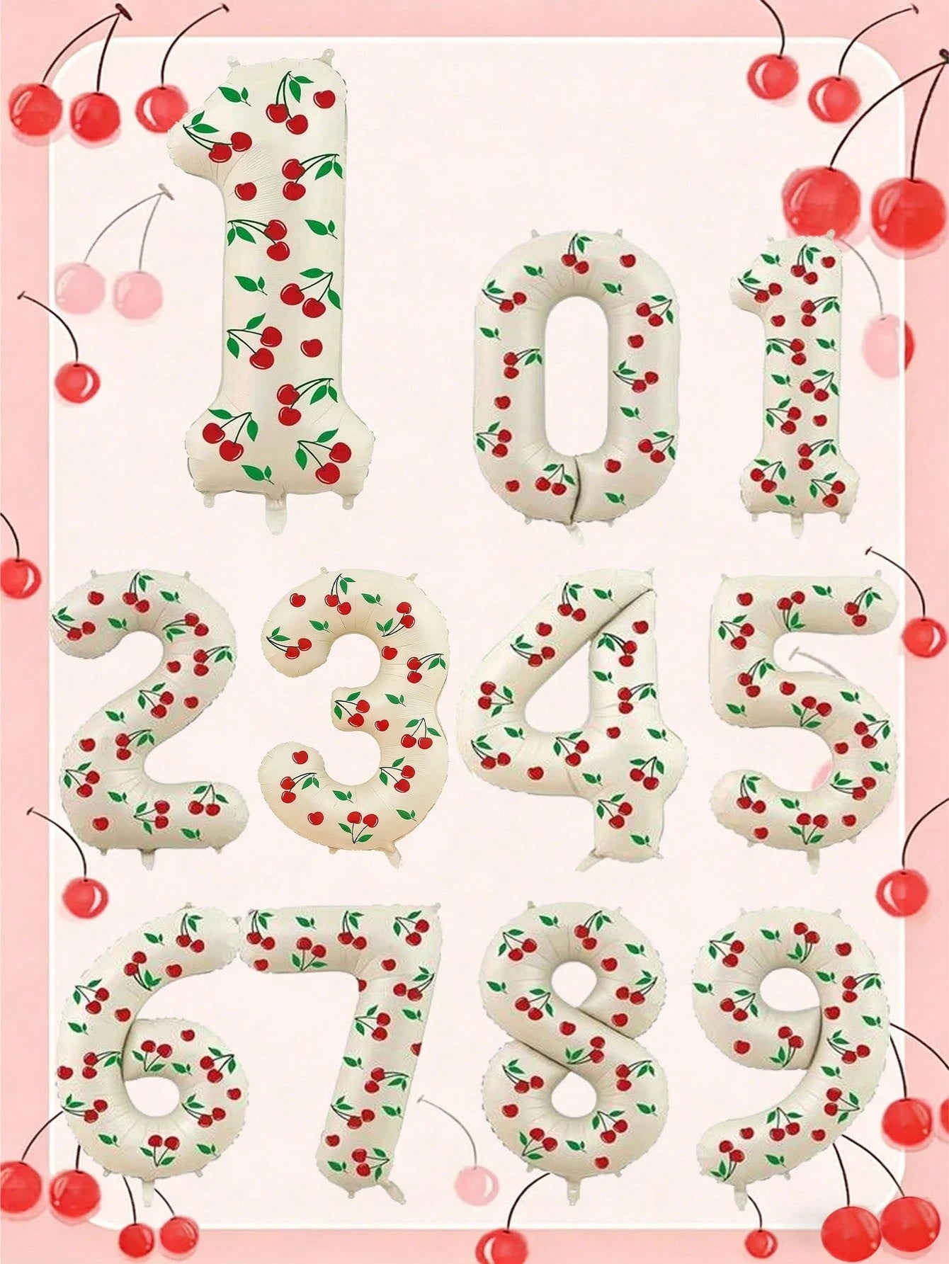 2pcs 32-Inch Cream-Colored 0-9 Number Balloons & Cherry Stickers, Suitable For Birthday Party, Anniversary, Cherry Themed Decoration