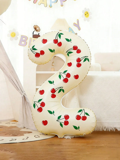 2pcs 32-Inch Cream-Colored 0-9 Number Balloons & Cherry Stickers, Suitable For Birthday Party, Anniversary, Cherry Themed Decoration