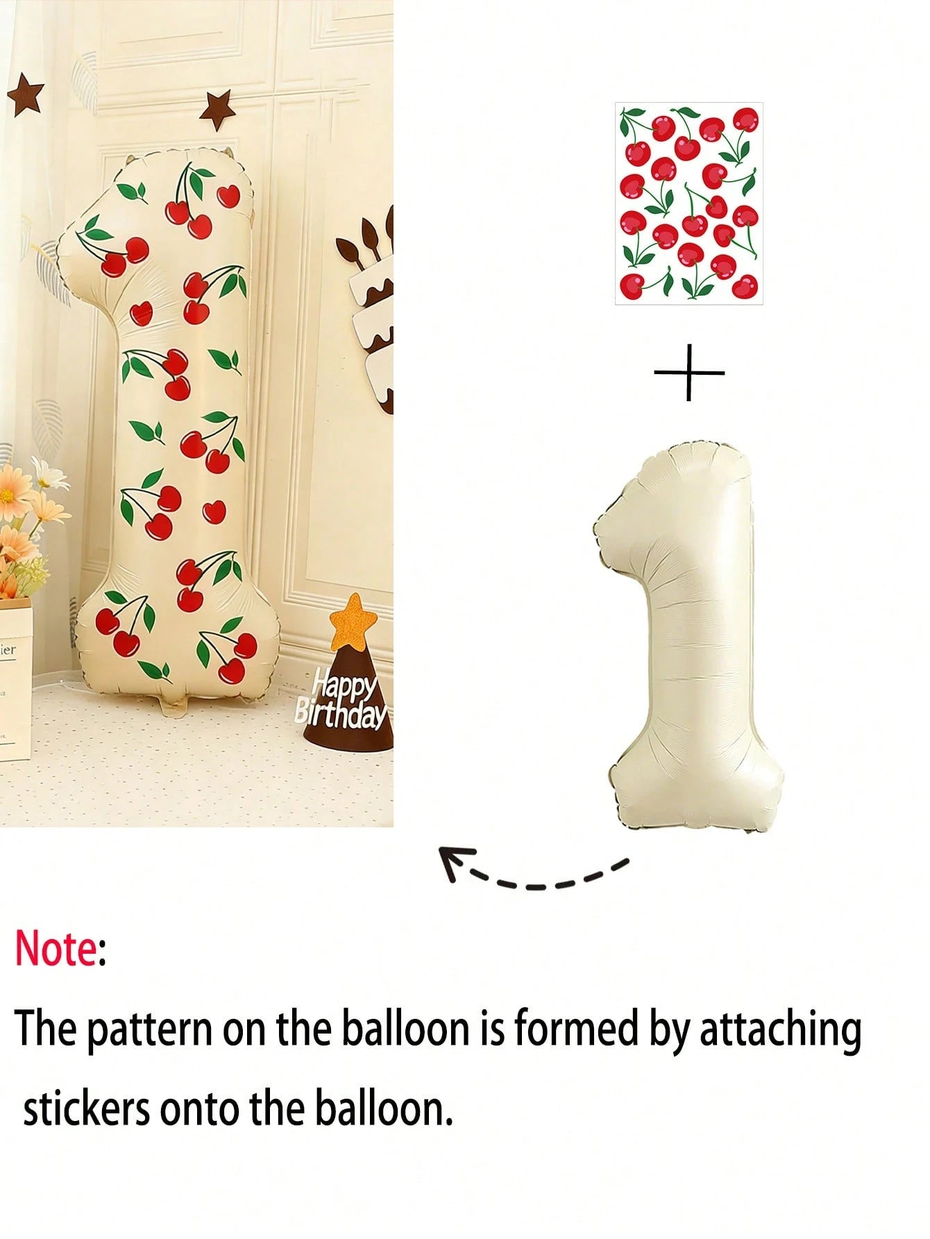 2pcs 32-Inch Cream-Colored 0-9 Number Balloons & Cherry Stickers, Suitable For Birthday Party, Anniversary, Cherry Themed Decoration