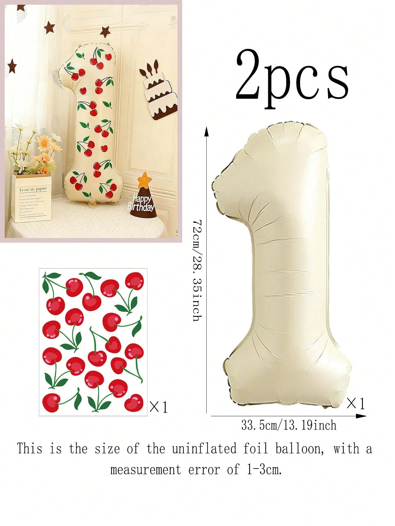 2pcs 32-Inch Cream-Colored 0-9 Number Balloons & Cherry Stickers, Suitable For Birthday Party, Anniversary, Cherry Themed Decoration