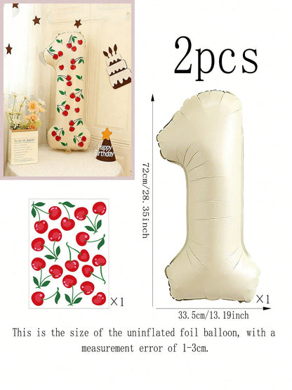 2pcs 32-Inch Cream-Colored 0-9 Number Balloons & Cherry Stickers, Suitable For Birthday Party, Anniversary, Cherry Themed Decoration