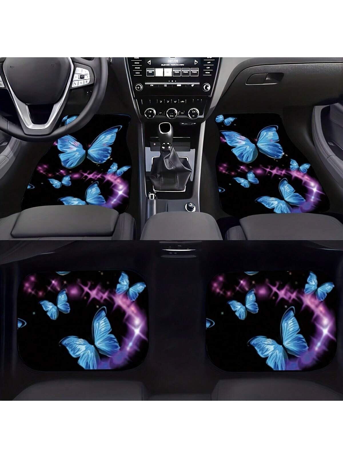 2pcs/4pcs Blue Butterfly Printed Car Floor Mats, Car Front & Rear Seats Floor Mats, SUniversal Fit For Car, SUV, Truck, Van,Car Mats