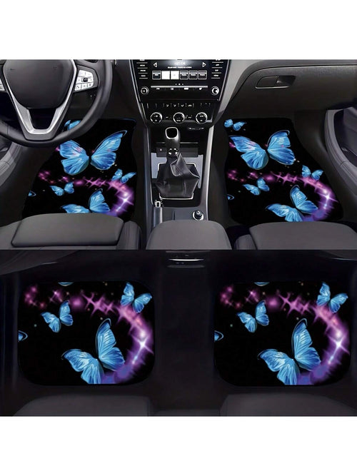 2pcs/4pcs Blue Butterfly Printed Car Floor Mats, Car Front & Rear Seats Floor Mats, SUniversal Fit For Car, SUV, Truck, Van,Car Mats