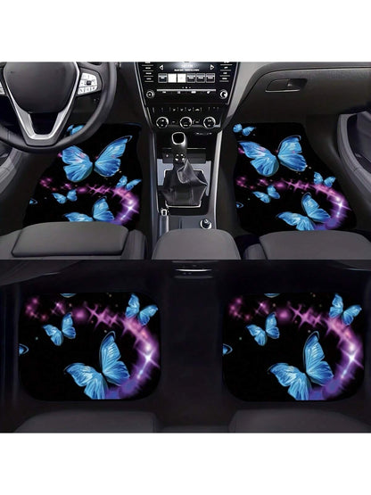 2pcs/4pcs Blue Butterfly Printed Car Floor Mats, Car Front & Rear Seats Floor Mats, SUniversal Fit For Car, SUV, Truck, Van,Car Mats
