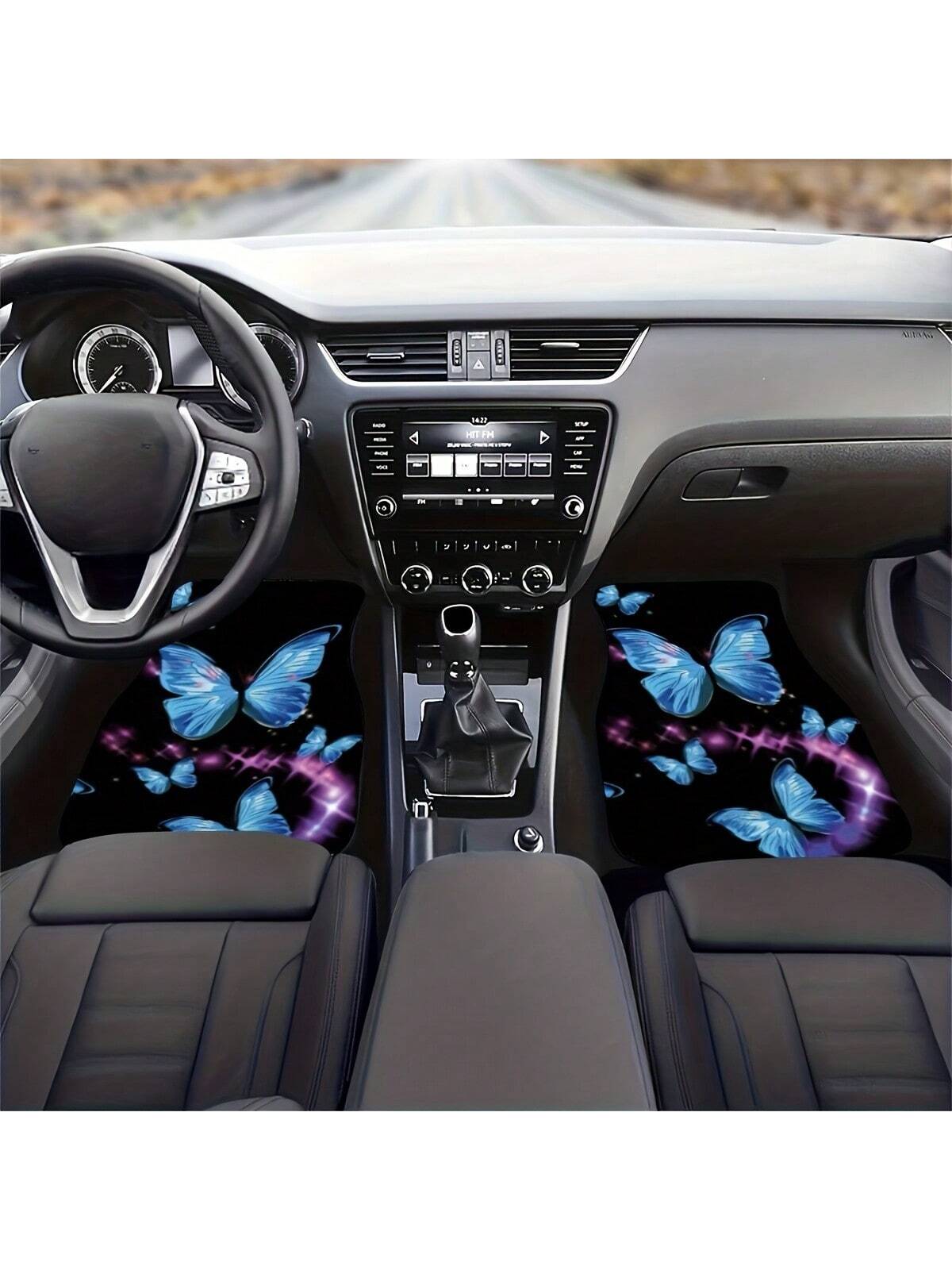 2pcs/4pcs Blue Butterfly Printed Car Floor Mats, Car Front & Rear Seats Floor Mats, SUniversal Fit For Car, SUV, Truck, Van,Car Mats