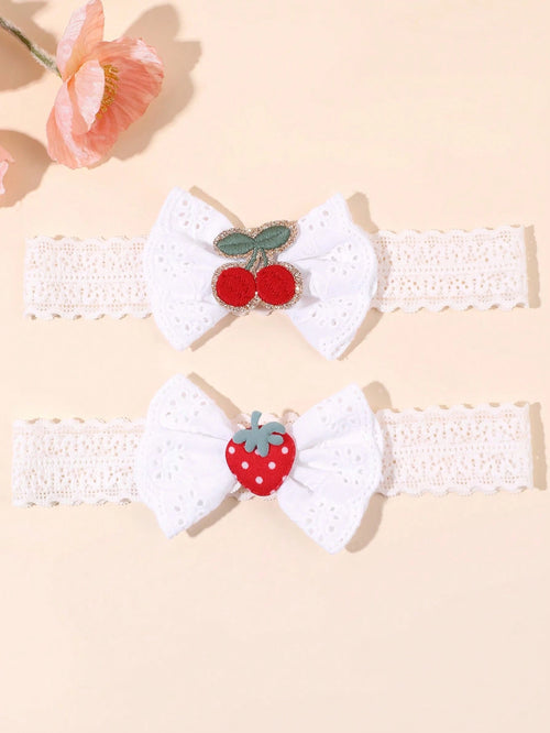 2pcs Baby Bow Fruit Embroidered Headband, Cute Lace Cherry Strawberry Bow Headdress,Sweet White Mesh Headband, Gift For Daughter, Cute Hair Accessory
