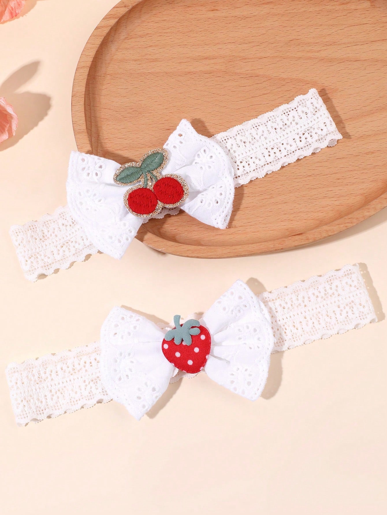 2pcs Baby Bow Fruit Embroidered Headband, Cute Lace Cherry Strawberry Bow Headdress,Sweet White Mesh Headband, Gift For Daughter, Cute Hair Accessory
