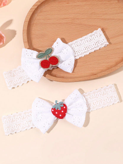 2pcs Baby Bow Fruit Embroidered Headband, Cute Lace Cherry Strawberry Bow Headdress,Sweet White Mesh Headband, Gift For Daughter, Cute Hair Accessory