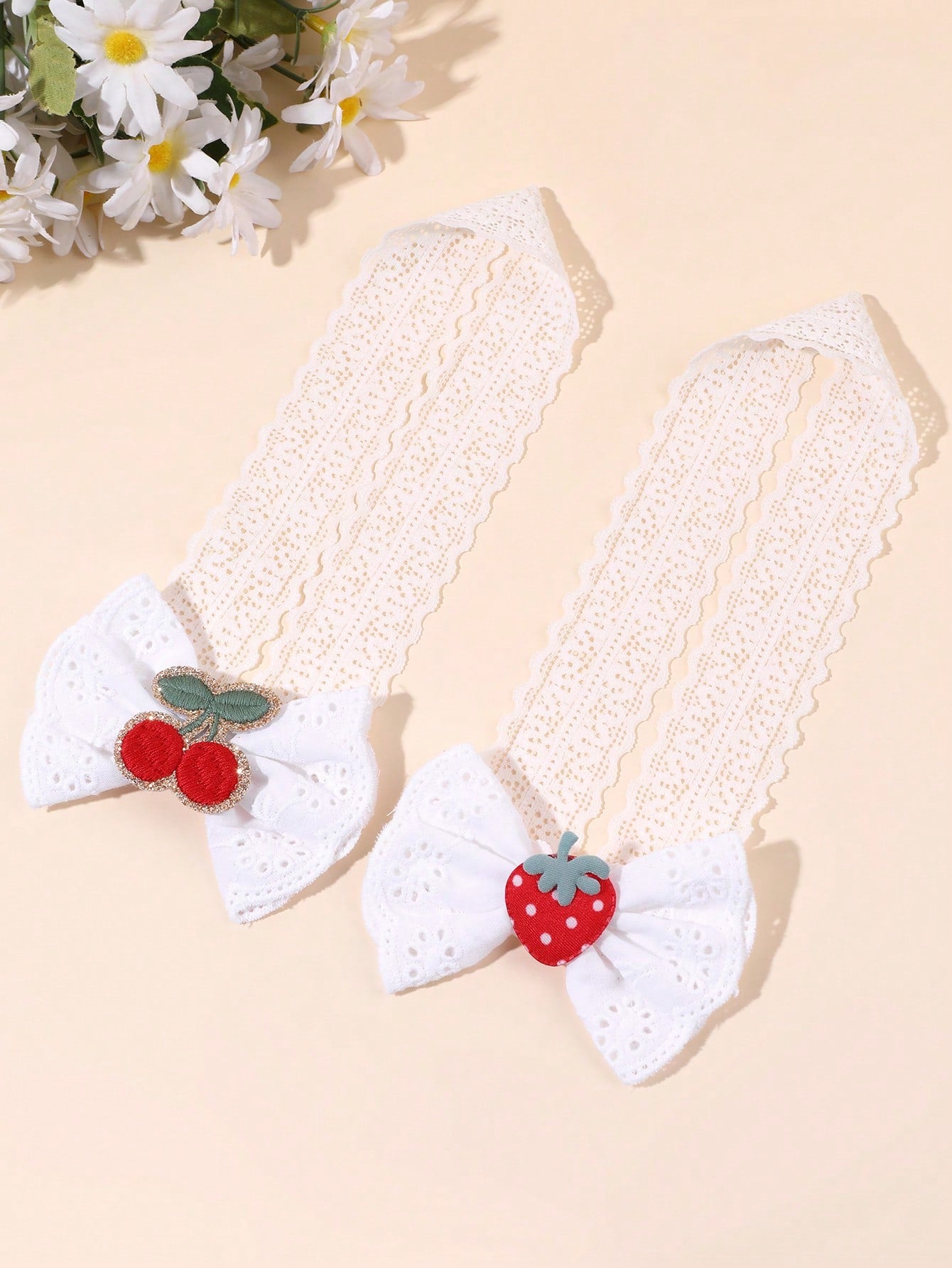 2pcs Baby Bow Fruit Embroidered Headband, Cute Lace Cherry Strawberry Bow Headdress,Sweet White Mesh Headband, Gift For Daughter, Cute Hair Accessory