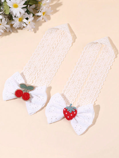 2pcs Baby Bow Fruit Embroidered Headband, Cute Lace Cherry Strawberry Bow Headdress,Sweet White Mesh Headband, Gift For Daughter, Cute Hair Accessory