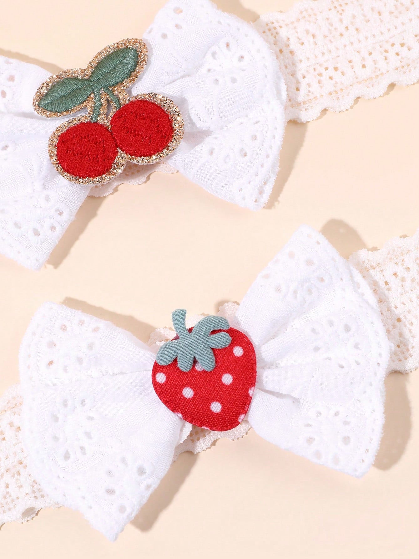 2pcs Baby Bow Fruit Embroidered Headband, Cute Lace Cherry Strawberry Bow Headdress,Sweet White Mesh Headband, Gift For Daughter, Cute Hair Accessory