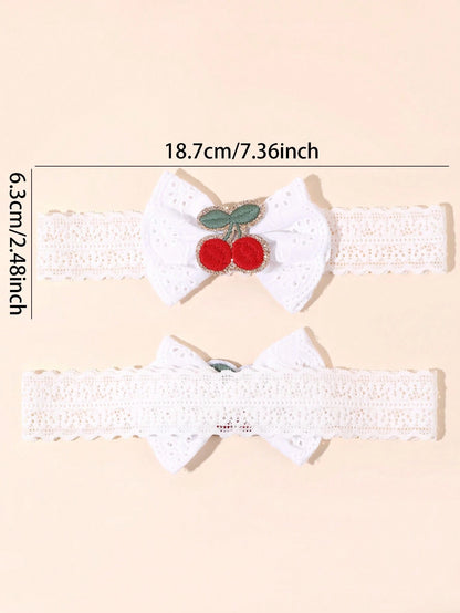 2pcs Baby Bow Fruit Embroidered Headband, Cute Lace Cherry Strawberry Bow Headdress,Sweet White Mesh Headband, Gift For Daughter, Cute Hair Accessory