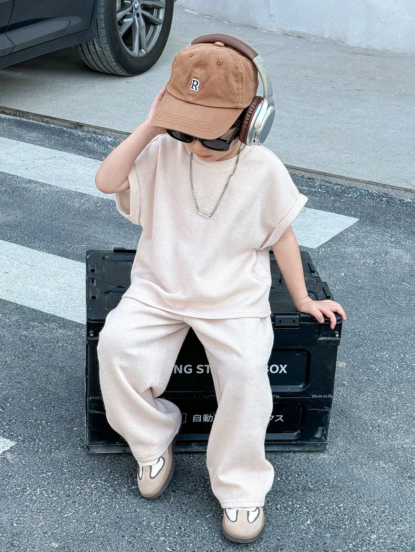 2pcs Baby Boy Apricot,Summer,Casual,City Break Knit Floral Yarn Pit Stripe Loose T-Shirt&Pants Set,Japanese Korean Style For School,Sports,Vacation