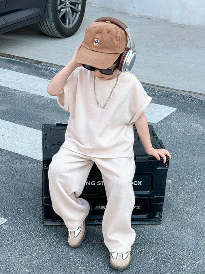 2pcs Baby Boy Apricot,Summer,Casual,City Break Knit Floral Yarn Pit Stripe Loose T-Shirt&Pants Set,Japanese Korean Style For School,Sports,Vacation