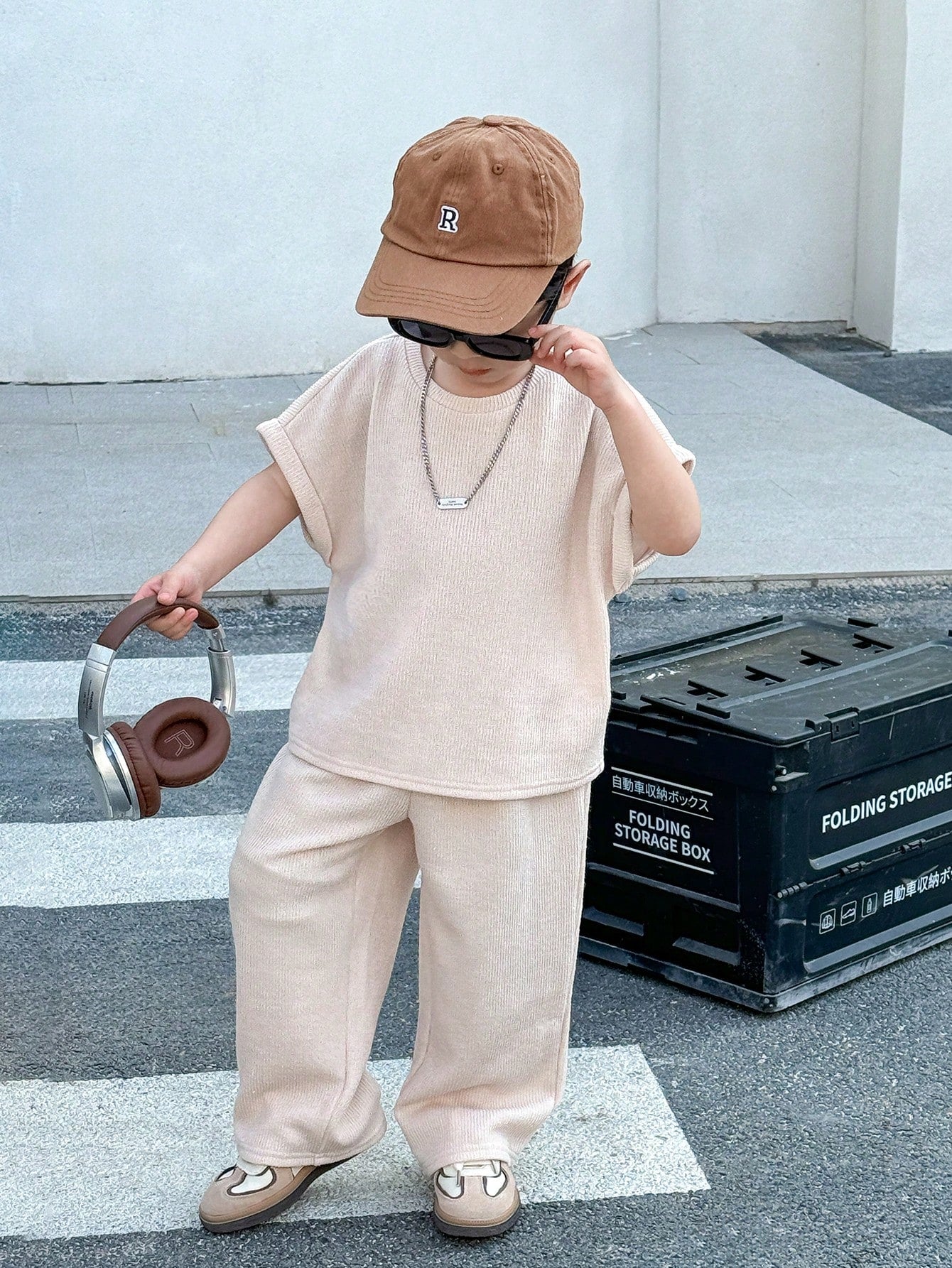 2pcs Baby Boy Apricot,Summer,Casual,City Break Knit Floral Yarn Pit Stripe Loose T-Shirt&Pants Set,Japanese Korean Style For School,Sports,Vacation